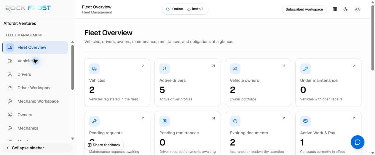 Real Fleet Management overview in Rock Frost Business Suite