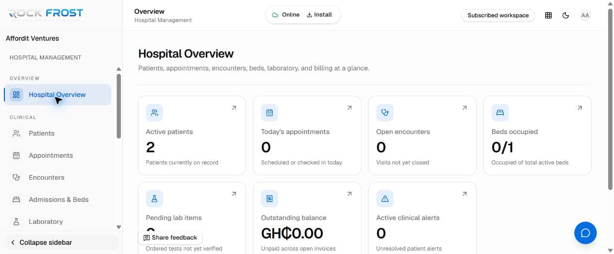 Real Hospital Management overview in Rock Frost Business Suite