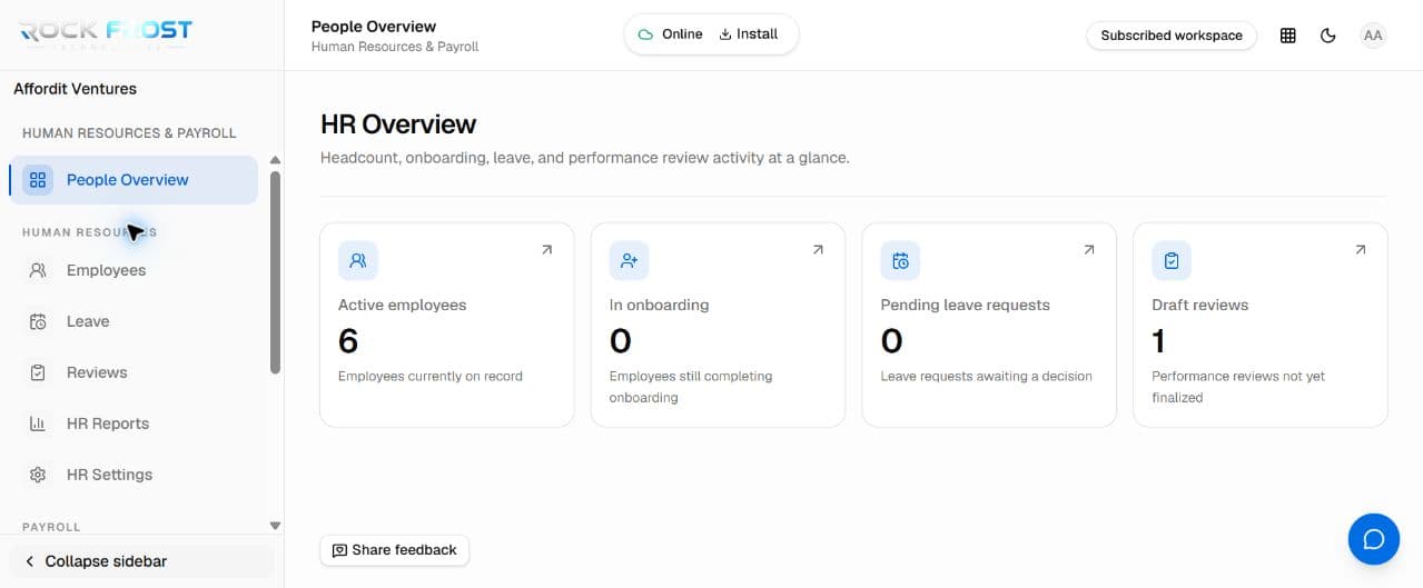 Real Human Resources and Payroll overview in Rock Frost Business Suite