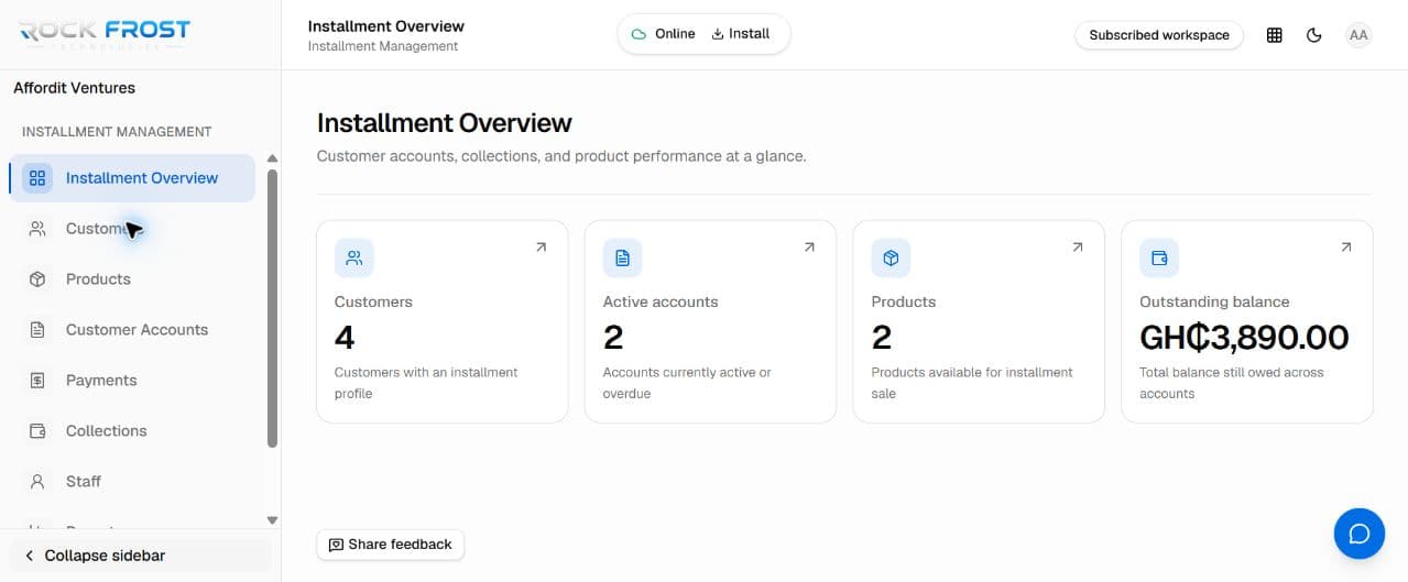 Real Installment Management overview in Rock Frost Business Suite
