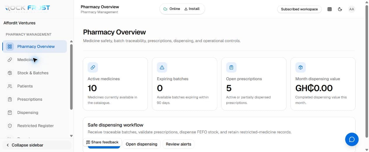 Real Pharmacy Management overview in Rock Frost Business Suite