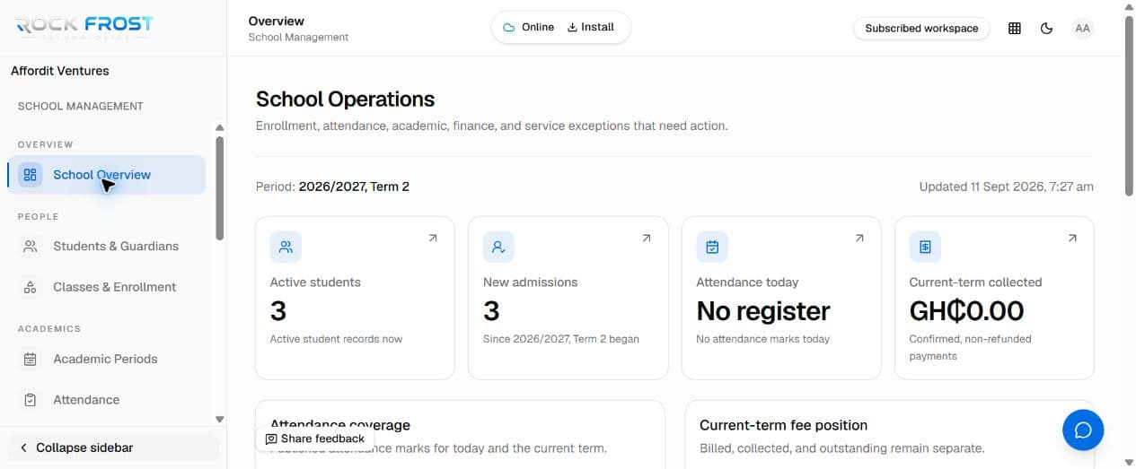 Real School Management overview in Rock Frost Business Suite