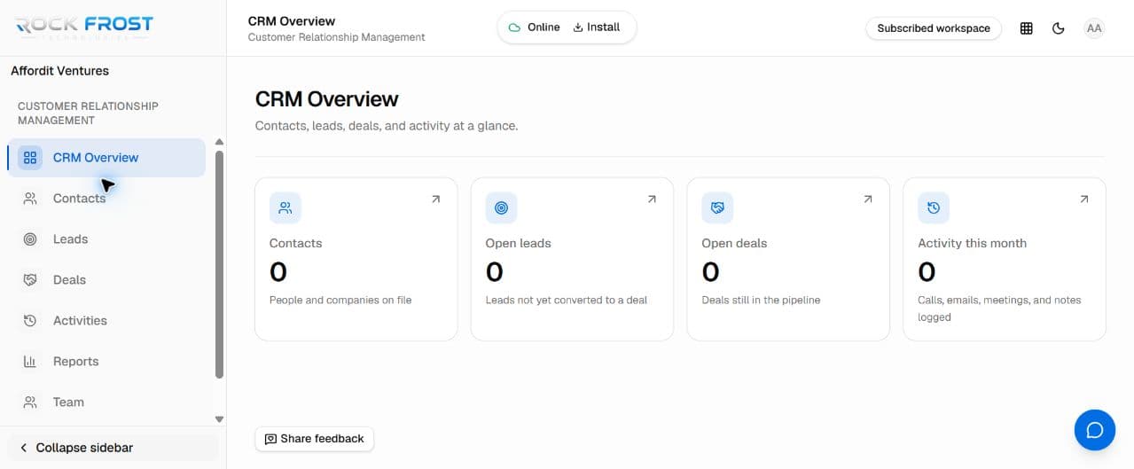 Real Customer Relationship Management overview in Rock Frost Business Suite