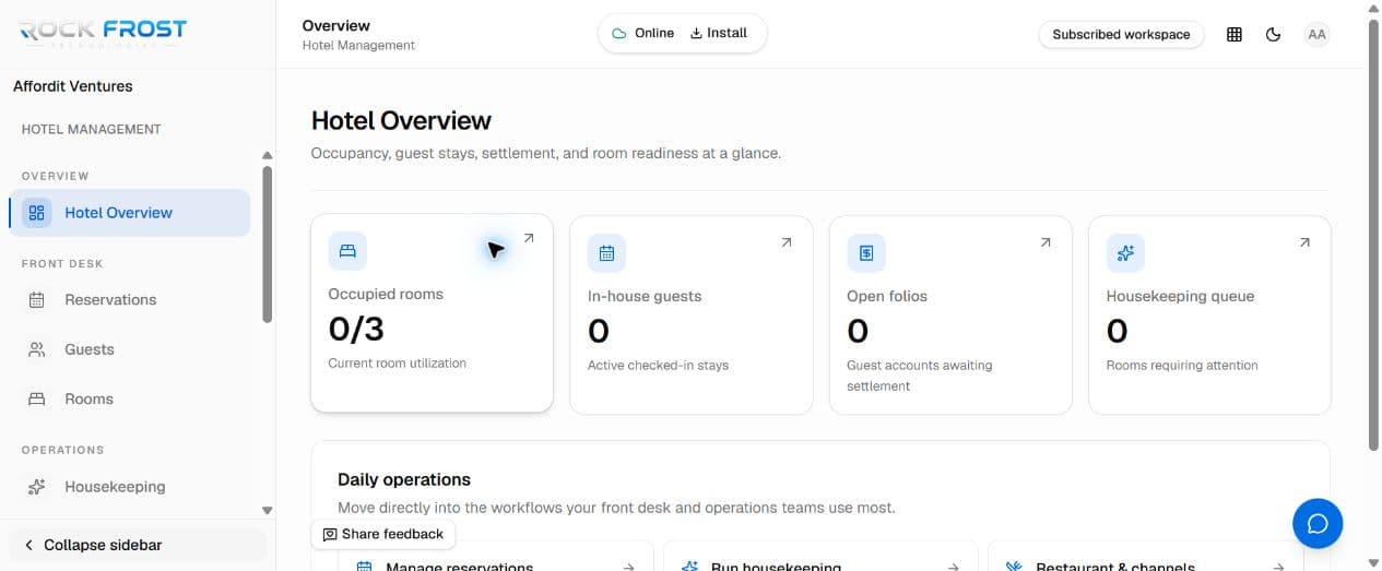 Real Hotel Management overview in Rock Frost Business Suite