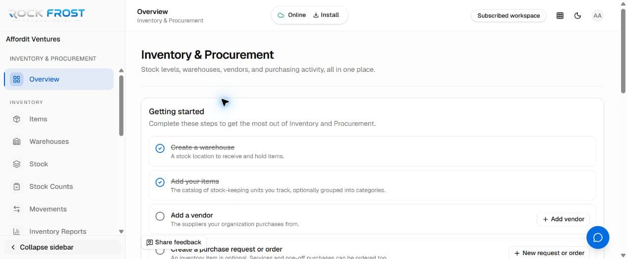Real Inventory and Procurement overview in Rock Frost Business Suite