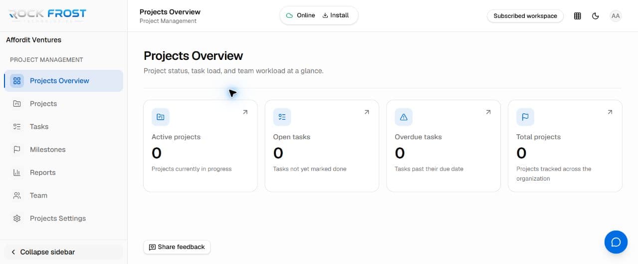 Real Project Management overview in Rock Frost Business Suite